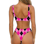 Pink And Black Argyle Pattern Print Front Bow Tie Bikini