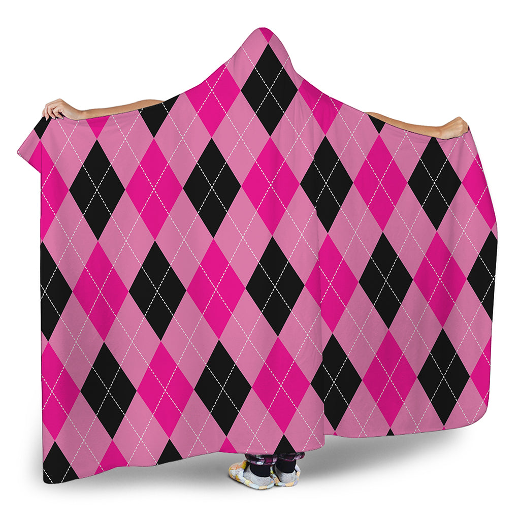 Pink And Black Argyle Pattern Print Hooded Blanket