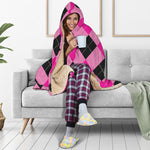 Pink And Black Argyle Pattern Print Hooded Blanket