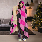 Pink And Black Argyle Pattern Print Hooded Blanket