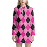 Pink And Black Argyle Pattern Print Hoodie Dress