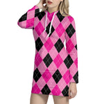 Pink And Black Argyle Pattern Print Hoodie Dress