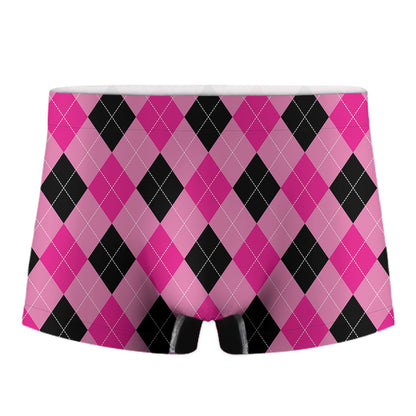 Pink And Black Argyle Pattern Print Men's Boxer Briefs