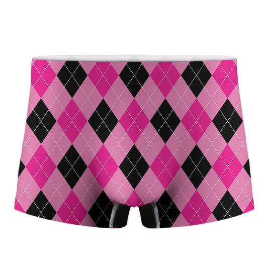 Pink And Black Argyle Pattern Print Men's Boxer Briefs
