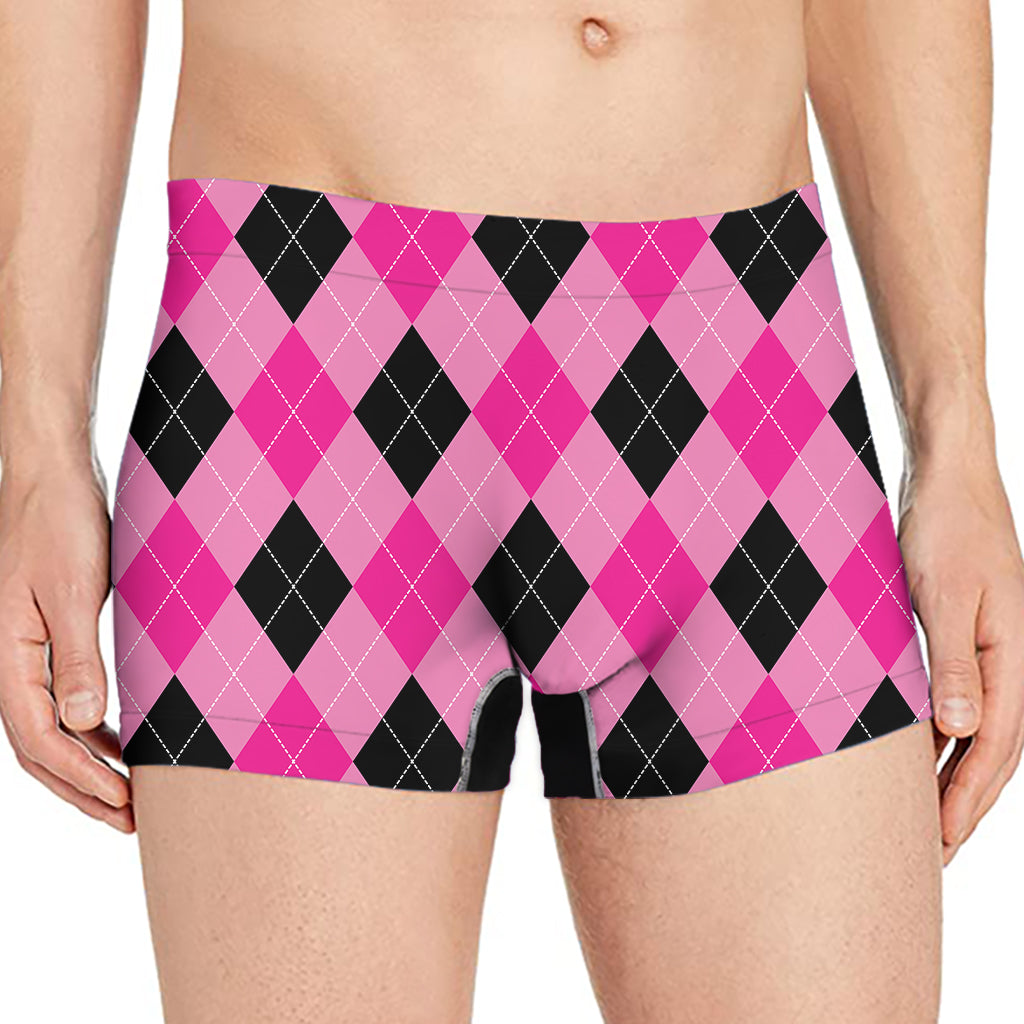 Pink And Black Argyle Pattern Print Men's Boxer Briefs