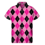 Pink And Black Argyle Pattern Print Men's Short Sleeve Shirt