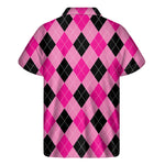 Pink And Black Argyle Pattern Print Men's Short Sleeve Shirt
