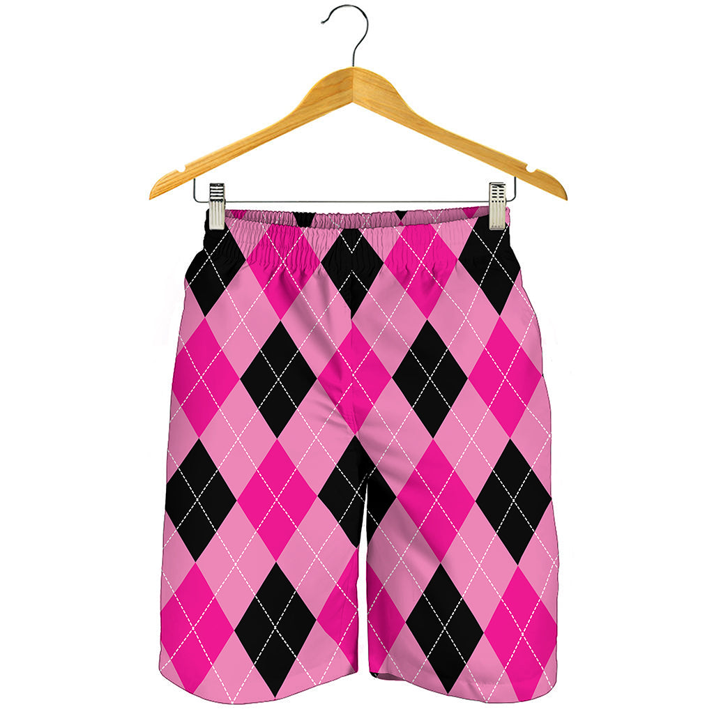 Pink And Black Argyle Pattern Print Men's Shorts