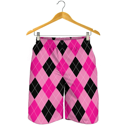 Pink And Black Argyle Pattern Print Men's Shorts