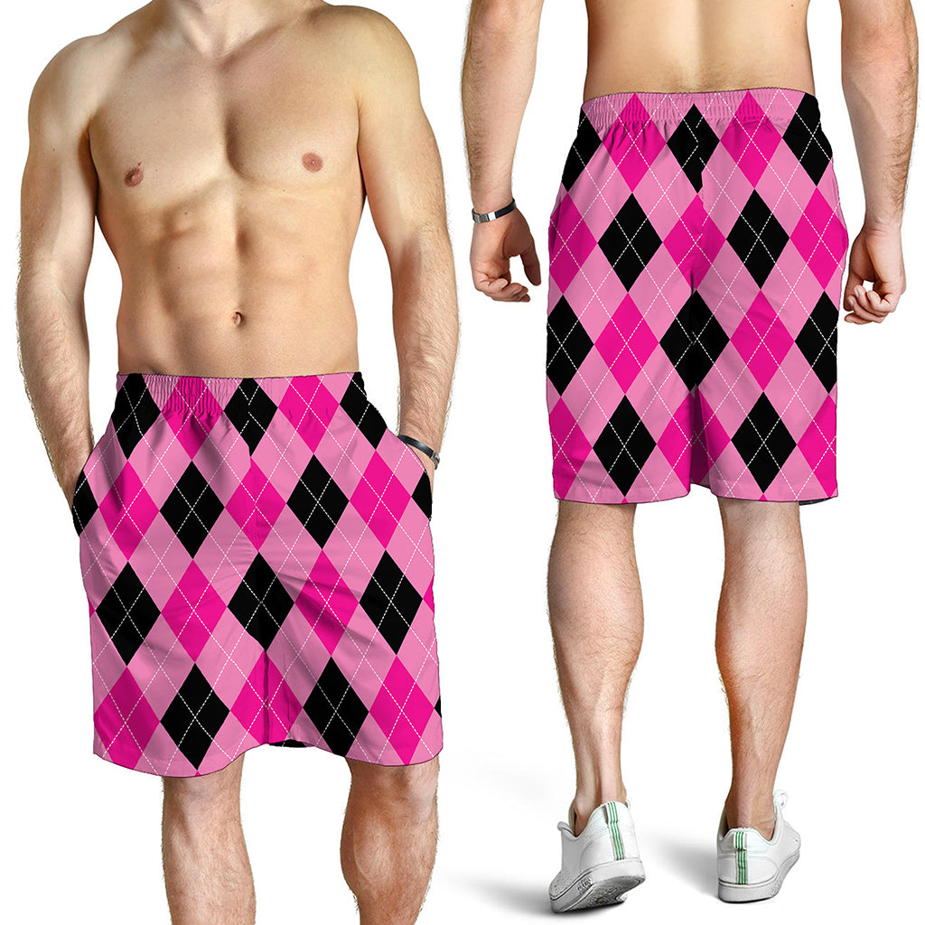 Pink And Black Argyle Pattern Print Men's Shorts