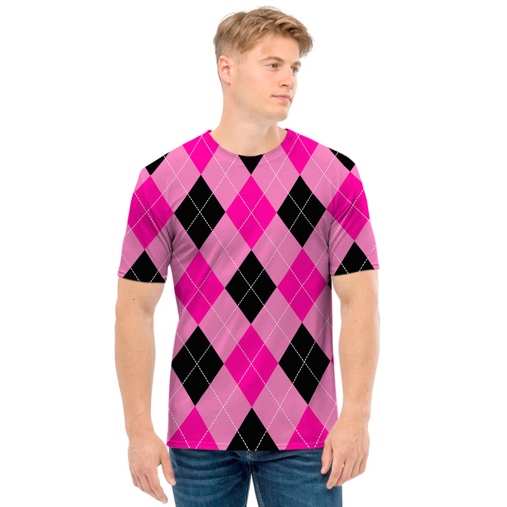 Pink And Black Argyle Pattern Print Men's T-Shirt