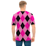 Pink And Black Argyle Pattern Print Men's T-Shirt