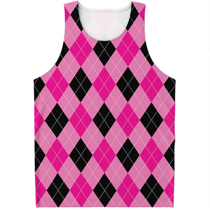 Pink And Black Argyle Pattern Print Men's Tank Top
