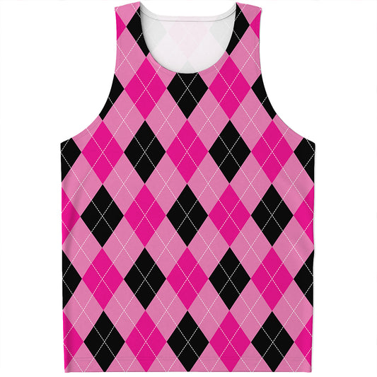 Pink And Black Argyle Pattern Print Men's Tank Top
