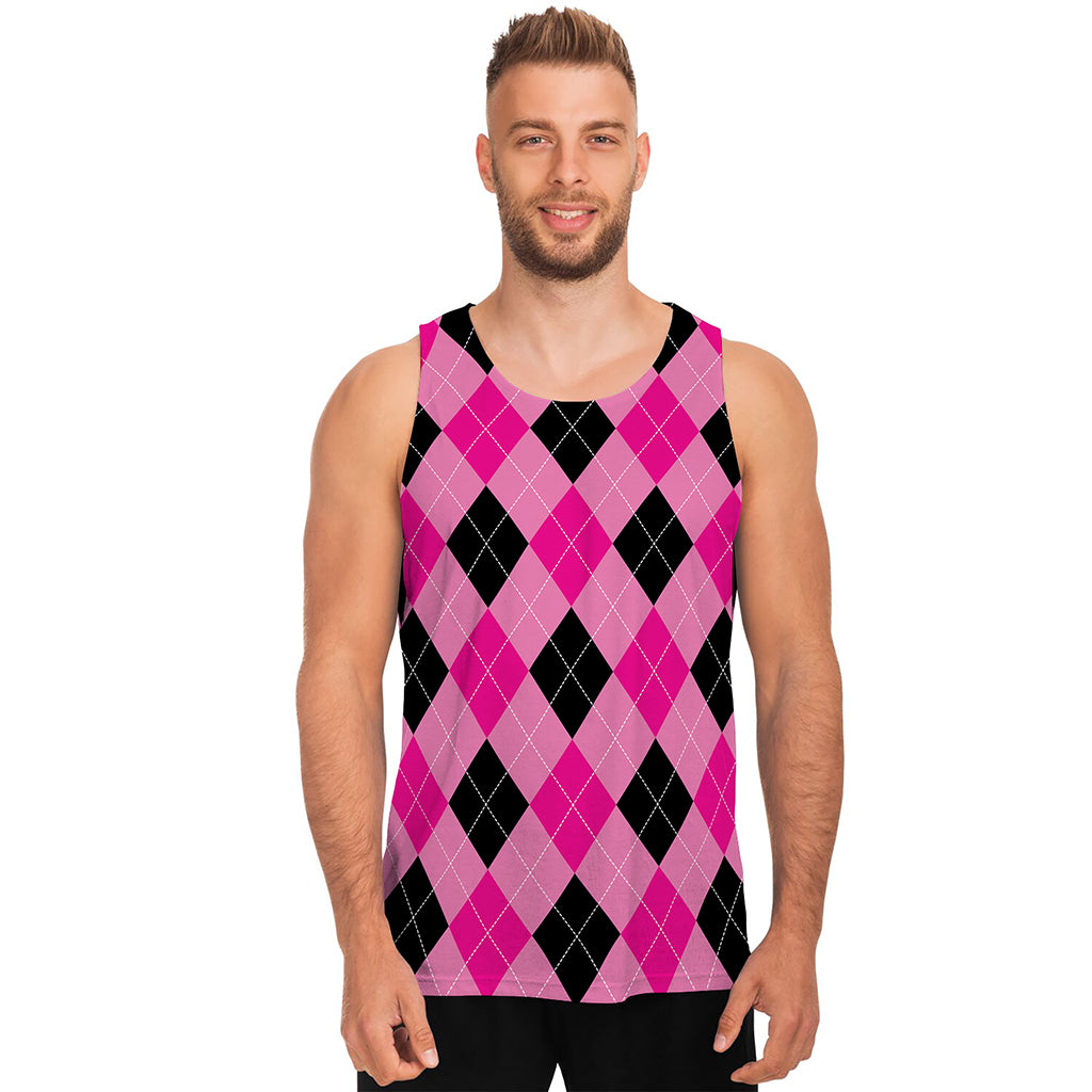 Pink And Black Argyle Pattern Print Men's Tank Top