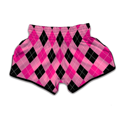 Pink And Black Argyle Pattern Print Muay Thai Boxing Shorts