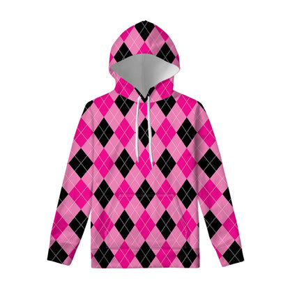 Pink And Black Argyle Pattern Print Pullover Hoodie