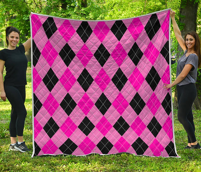 Pink And Black Argyle Pattern Print Quilt