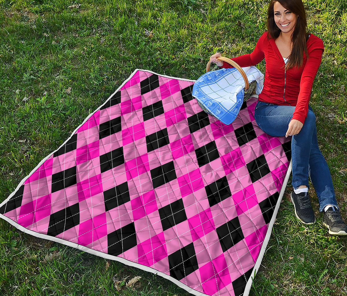 Pink And Black Argyle Pattern Print Quilt