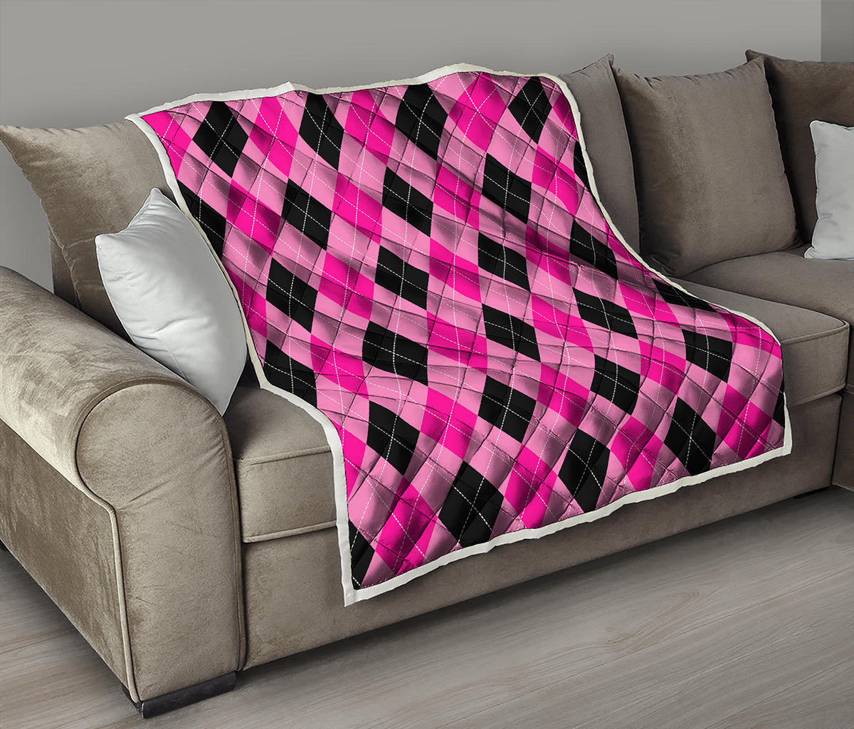 Pink And Black Argyle Pattern Print Quilt