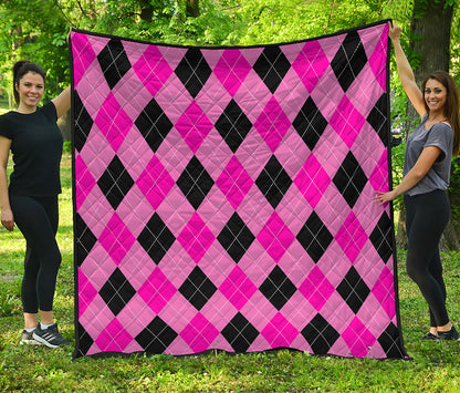 Pink And Black Argyle Pattern Print Quilt