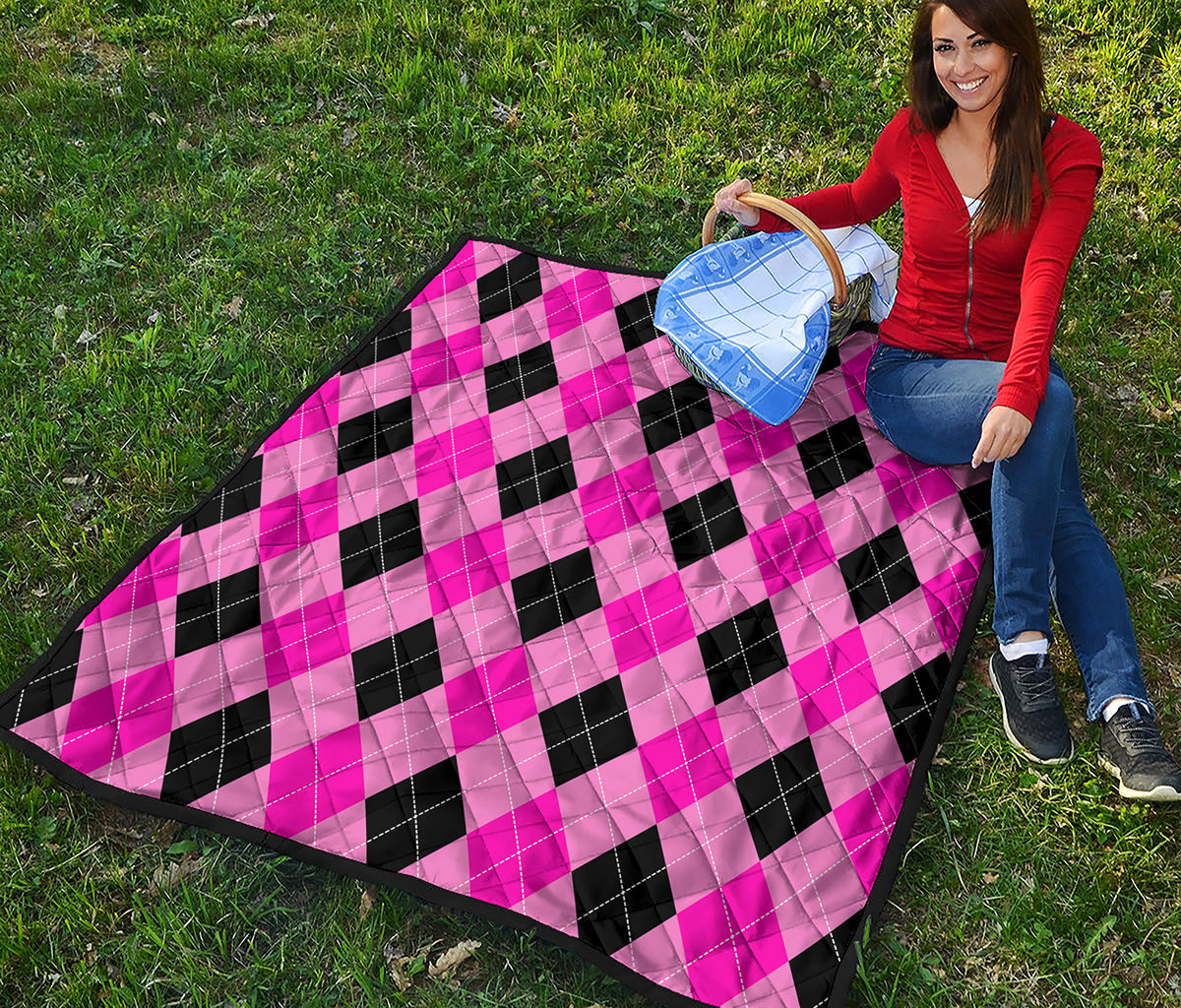 Pink And Black Argyle Pattern Print Quilt
