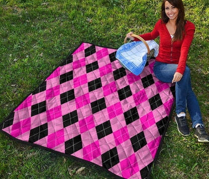 Pink And Black Argyle Pattern Print Quilt