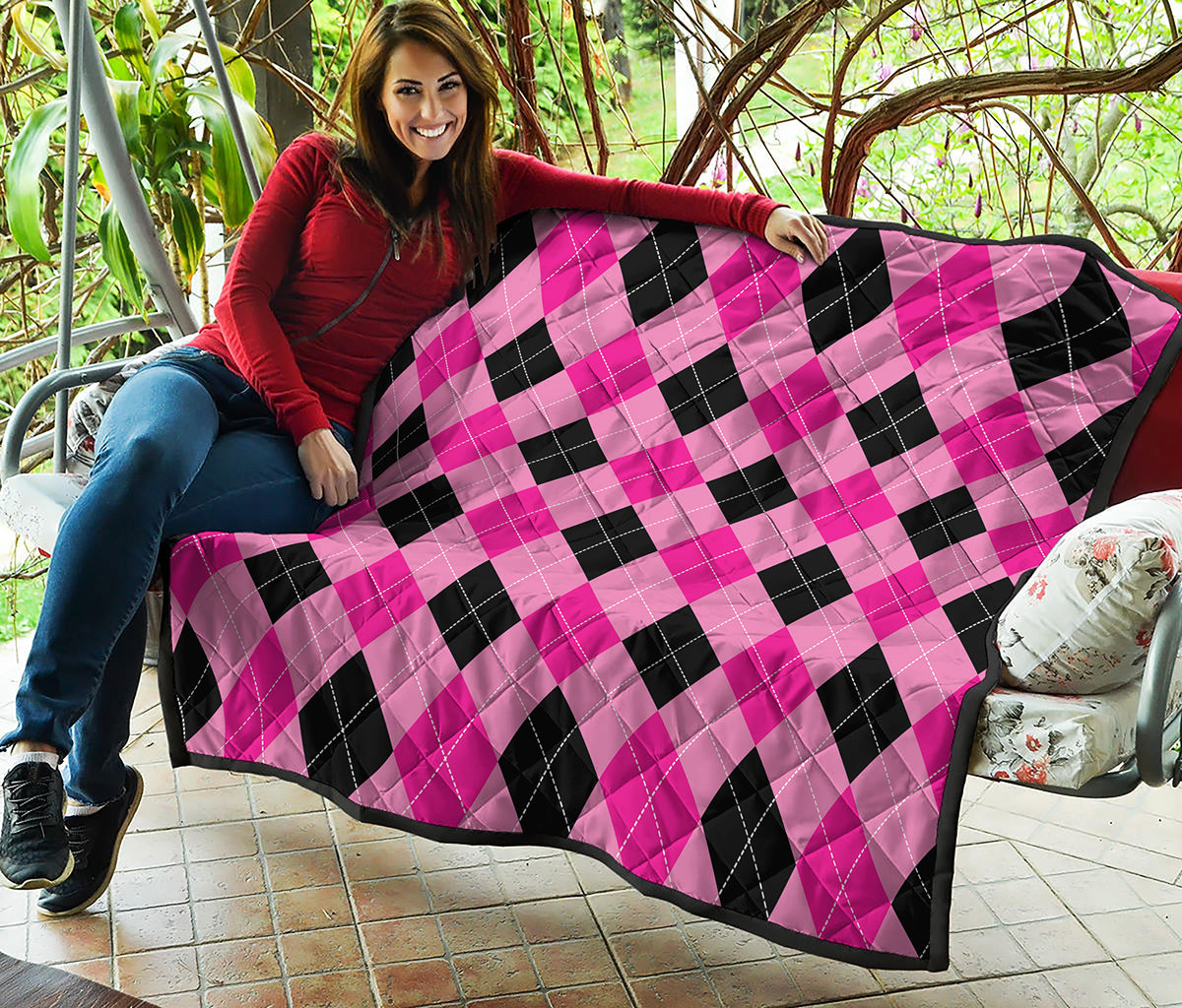 Pink And Black Argyle Pattern Print Quilt