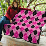 Pink And Black Argyle Pattern Print Quilt