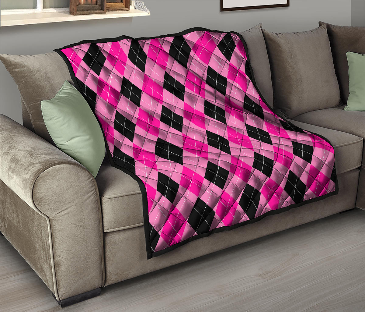 Pink And Black Argyle Pattern Print Quilt