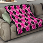 Pink And Black Argyle Pattern Print Quilt
