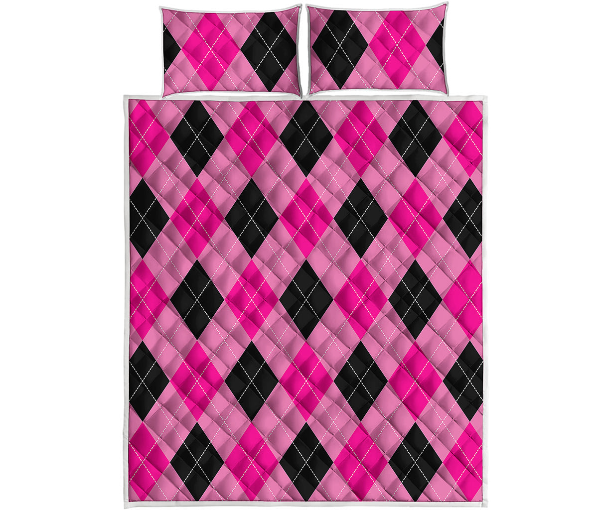 Pink And Black Argyle Pattern Print Quilt Bed Set