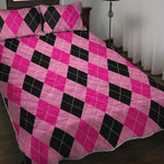 Pink And Black Argyle Pattern Print Quilt Bed Set