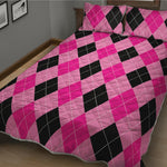 Pink And Black Argyle Pattern Print Quilt Bed Set