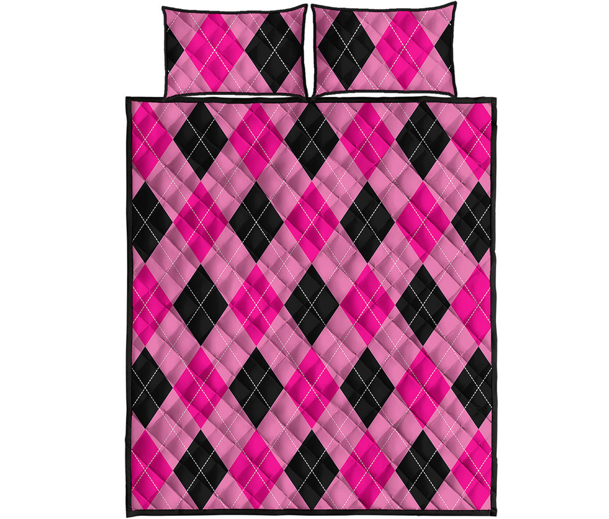 Pink And Black Argyle Pattern Print Quilt Bed Set