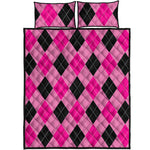 Pink And Black Argyle Pattern Print Quilt Bed Set