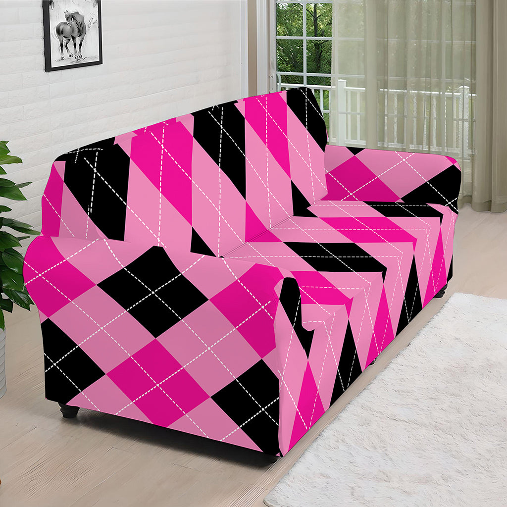 Pink And Black Argyle Pattern Print Sofa Cover