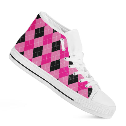 Pink And Black Argyle Pattern Print White High Top Shoes