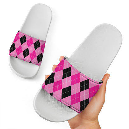 Pink And Black Argyle Pattern Print White Slide Sandals