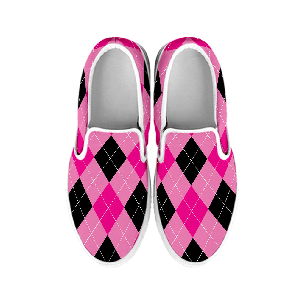 Pink And Black Argyle Pattern Print White Slip On Shoes