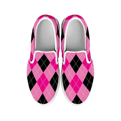 Pink And Black Argyle Pattern Print White Slip On Shoes