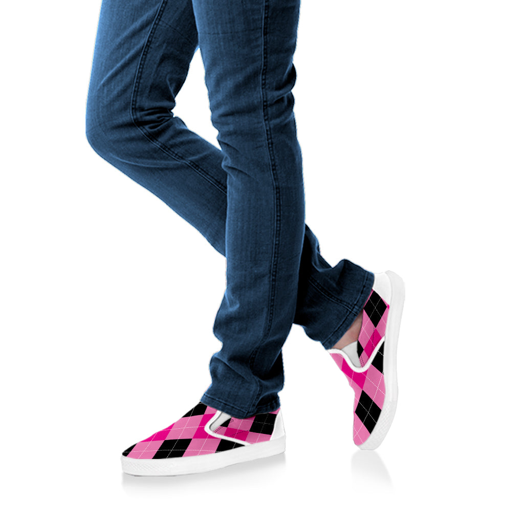 Pink And Black Argyle Pattern Print White Slip On Shoes