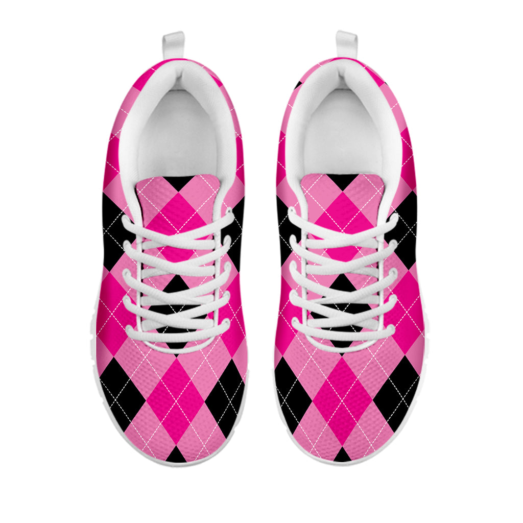 Pink And Black Argyle Pattern Print White Sneakers