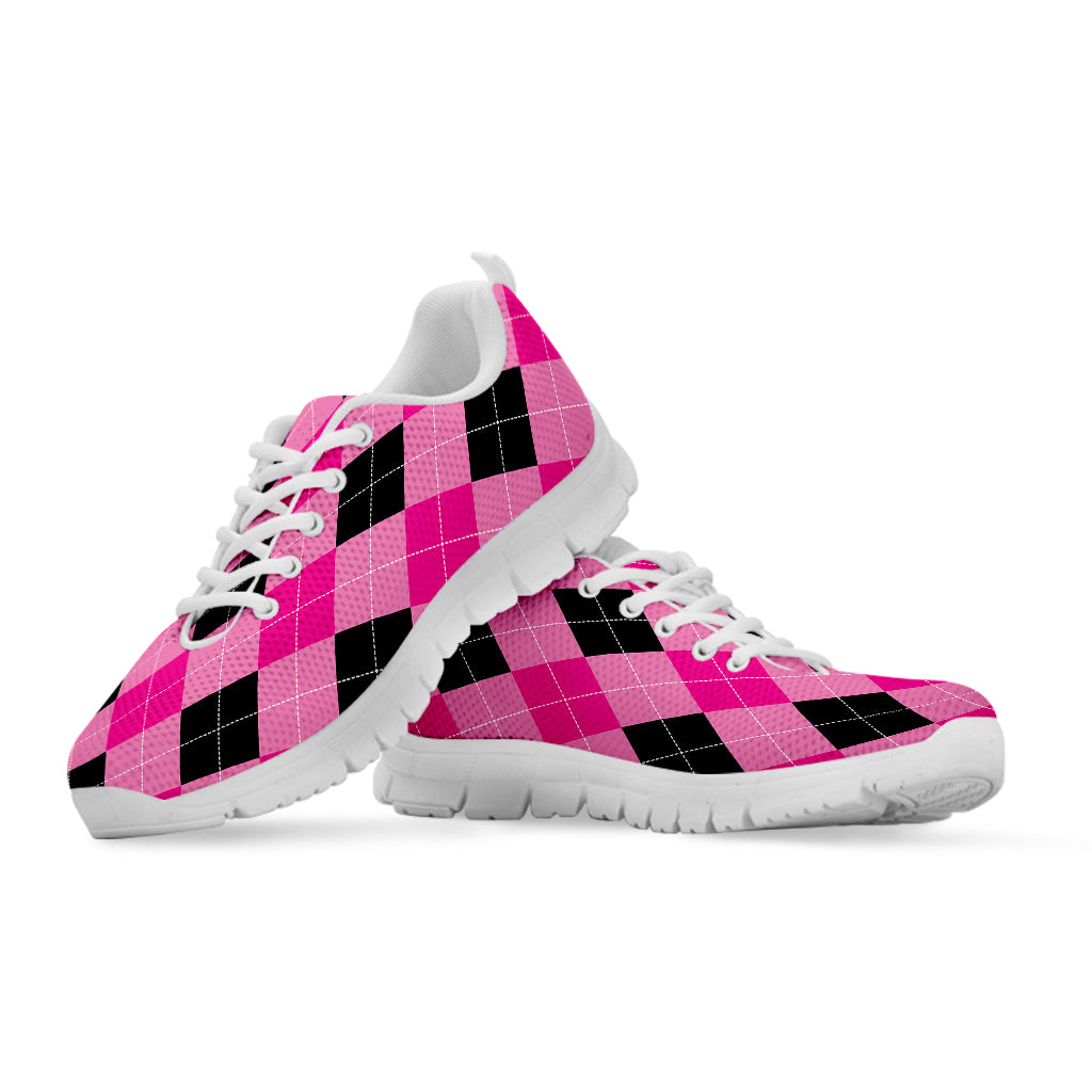 Pink And Black Argyle Pattern Print White Sneakers
