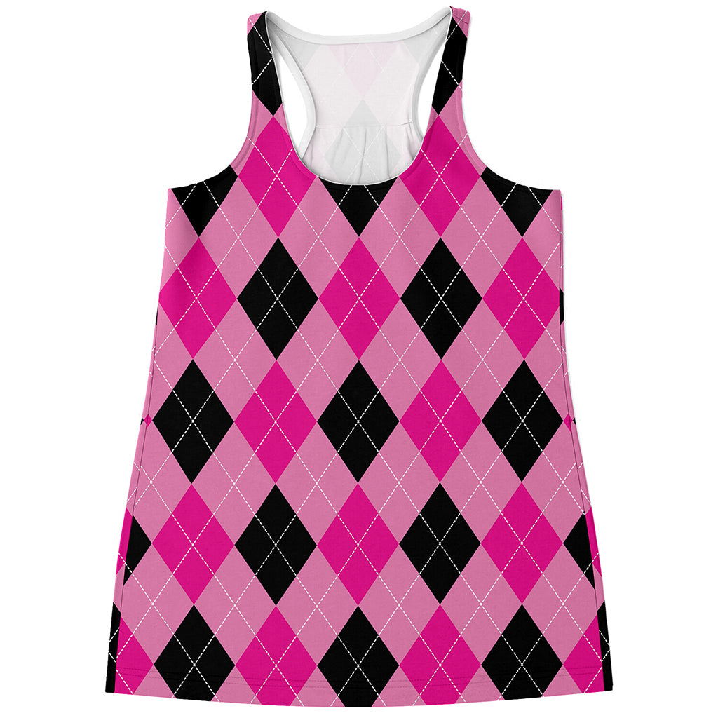 Pink And Black Argyle Pattern Print Women's Racerback Tank Top