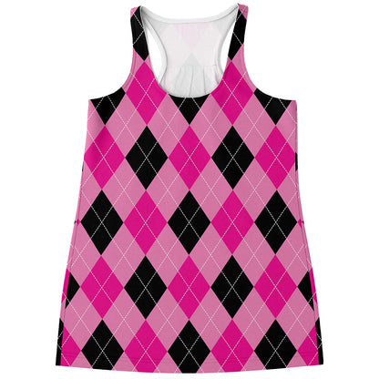 Pink And Black Argyle Pattern Print Women's Racerback Tank Top