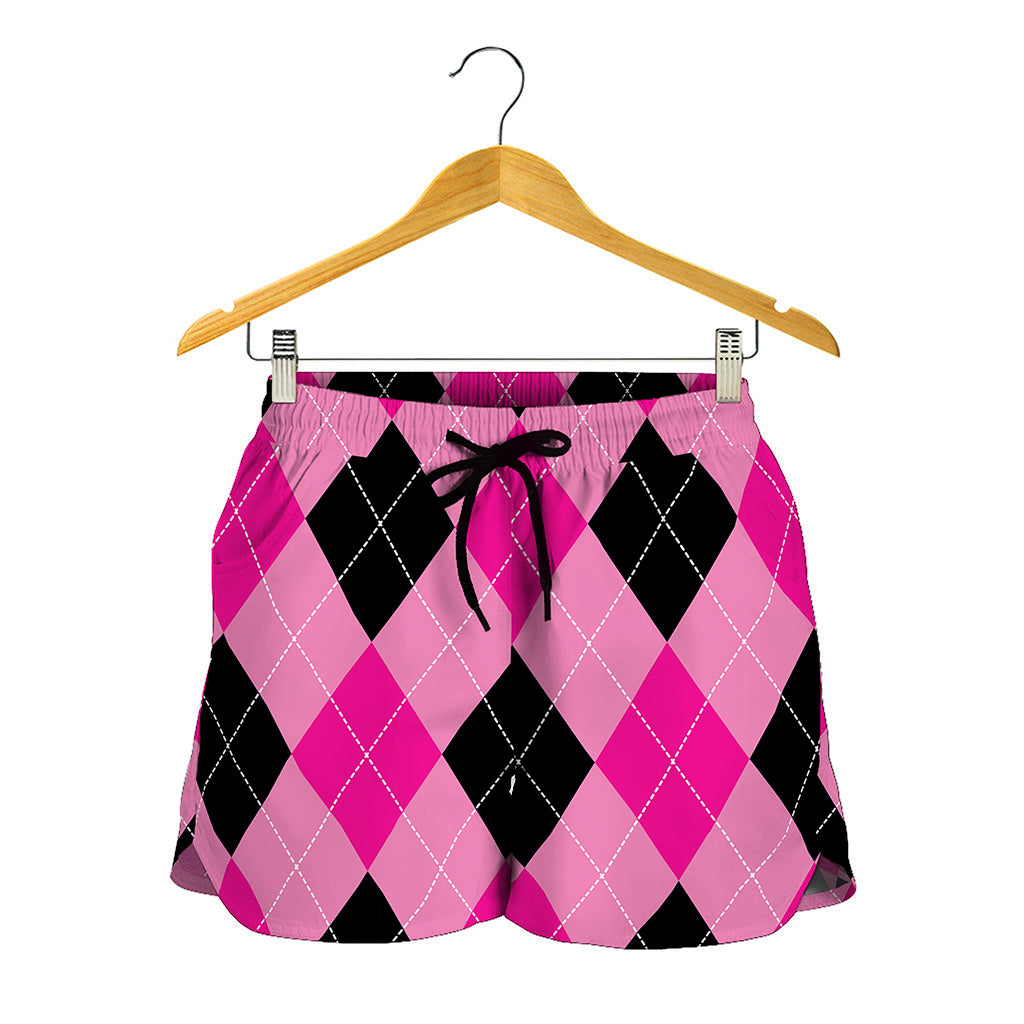 Pink And Black Argyle Pattern Print Women's Shorts