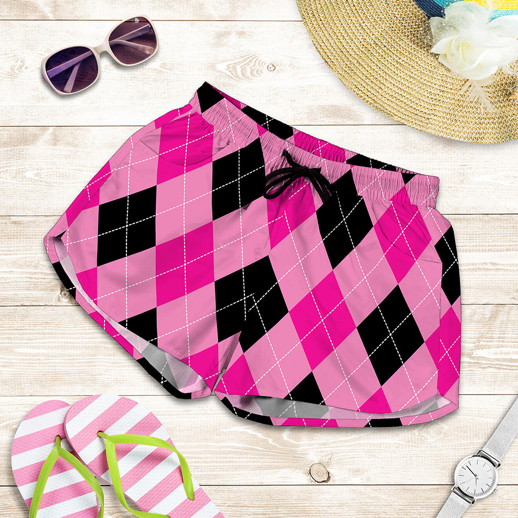 Pink And Black Argyle Pattern Print Women's Shorts