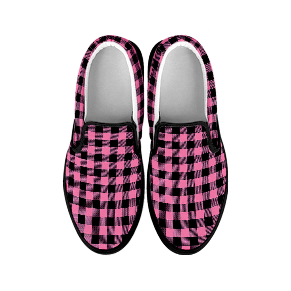 Pink And Black Buffalo Check Print Black Slip On Shoes