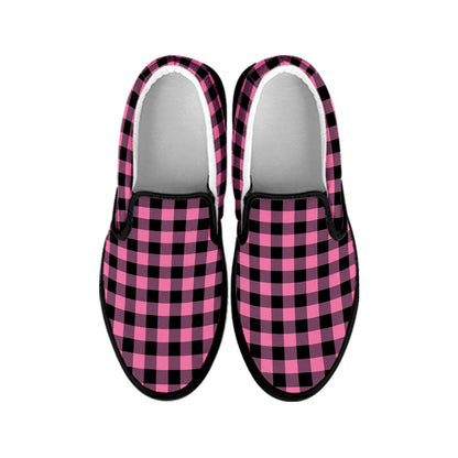 Pink And Black Buffalo Check Print Black Slip On Shoes